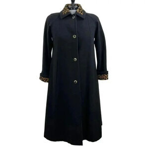 Donnybrook 10 Womens VTG 100% Wool Leopard Trim Long Swing Button Coat Black